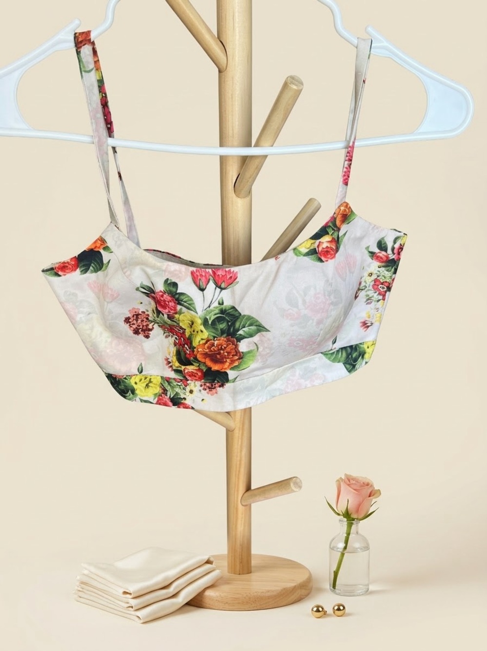 Floral Satin Bralette/ saree blouse  Top - White Multi